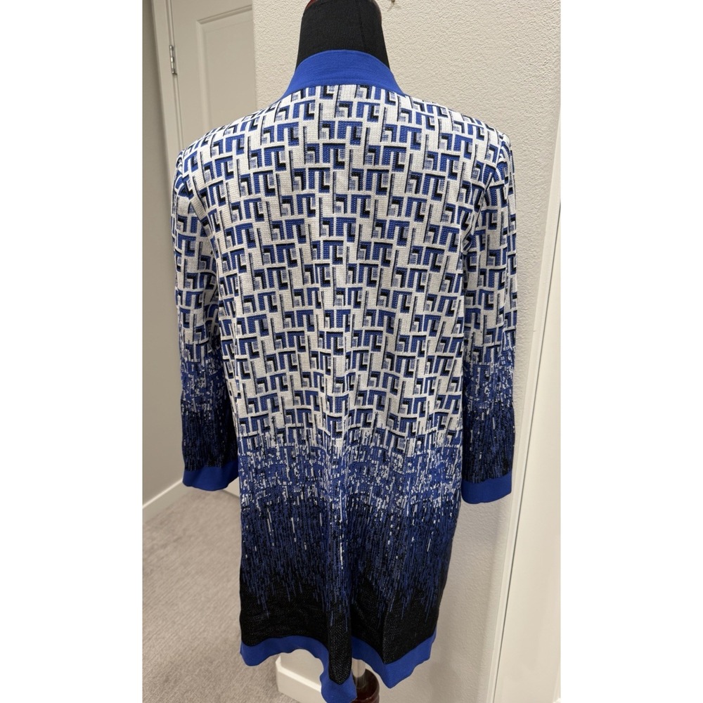 Misook Women's Geometric Knit Cardigan Blue & White Sweater Open Front S - Picture 3 of 6